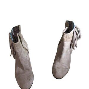 Sam Edelman Ankle Boots Size 7.5 Gray Suede Fringed Heeled Booties Louie Shoes